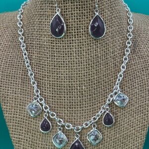 Vintage Silver Toned Necklace And Earrings Accented With Purple Faux Stones.